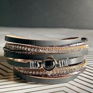 Gray Vegan Leather Gold & Silver Wrap Bracelet